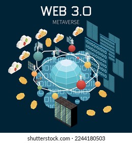 Web 3.0 technology isometric concept with metaverse symbols vector illustration