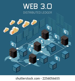 Isomometrisches Web 3.0-Technologie-Konzept mit verteilten Ledingsymbolen, Vektorgrafik