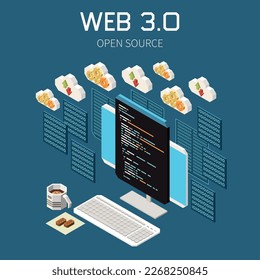 Web 3.0 technology isometric concept with open source symbols vector illustration