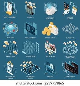 Web 3.0 technology isometric icons set with cryptocurrency and metaverse symbols isolated vector illustration