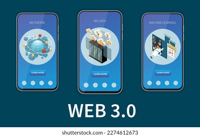 Web 3.0 technology isometric set with mobile application templates isolated vector illustration