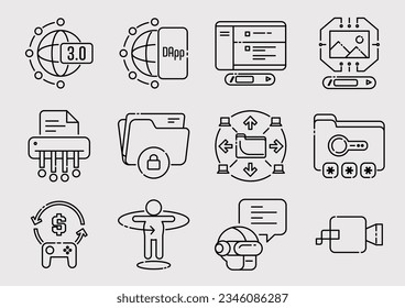 Web 3.0 technology line icon designing for decentralize application such as AI chatbot, promt writing, image generator, data security, play to earn game and 3D graphic.