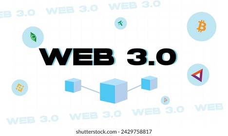 Web 3.0 text Banner. Internet New version  website using blockchain technology, cryptocurrency, and NFT art. Vector banner.