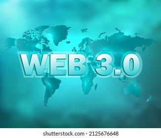 WEB 3.0 text banner with world map on turquoise bright glowing background vector