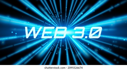 Web 3.0 text on cosmic background. New version of the website using blockchain technology, cryptocurrency, and NFT art. Vector banner.