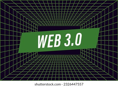 Web 3.0 text on grid cyber future concept banner background template. Vector in 3d style. Grid room in perspective. Indoor wireframe from purple laser beam. Abstract geometric. Vector illustration