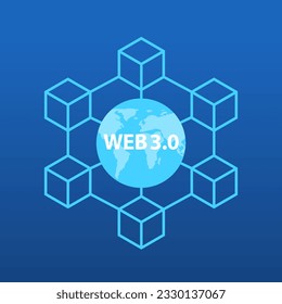 Web 3.0 text on hologram planet earth. New version of the website using blockchain technology, cryptocurrency, and NFT art. Vector illustration