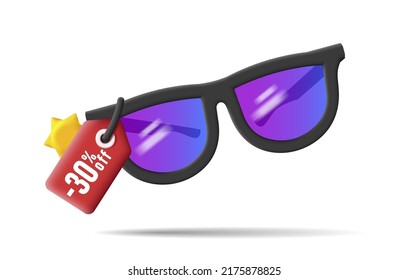 Icono 3d de gafas de sol con etiqueta de precio y sol. Ilustración del vector