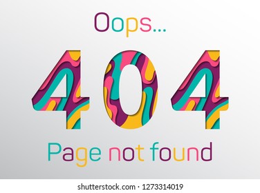 Web 404 Error the page not found with papercut numbers. Page does not exist vector concept. 404 warning alert for website with numbers in paper cut style in pink, blue, yellow. Page not found message