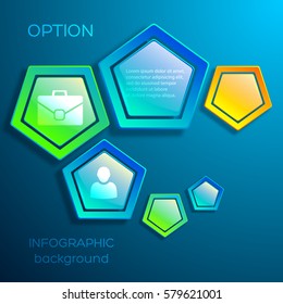 Web abstract business infographics with colorful glossy hexagons and icons on blue background isolated vector illustration