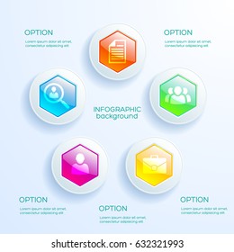 Web abstract infographic concept with colorful glossy hexagonal chart and business icons isolated vector illustration