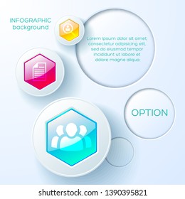 Concepto infográfico abstracto web con tres brillantes hexágonos coloridos botones redondos claros e iconos ilustración vectorial