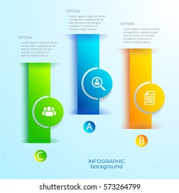 Web abstract infographic template with three colorful vertical banners circles and icons on blue background vector illustration