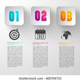 Web abstract infographics with gray paper squares three options and business icons on light background vector illustration