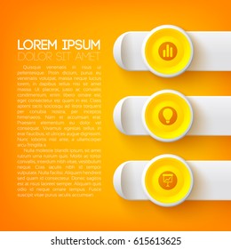 Web abstract infographics with icons on yellow circles and horizontal gray rectangles on orange background vector illustration