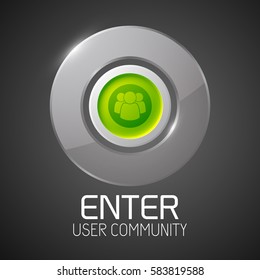 Web abstract template with gray glossy circle green button community icon on dark background isolated vector illustration
