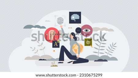 Web accessibility and easy online browsing assistance tiny person concept. Help tools for users with hearing or sight problems vector illustration. Adjustable internet site usage for deaf or blind. [[stock_photo]] © 