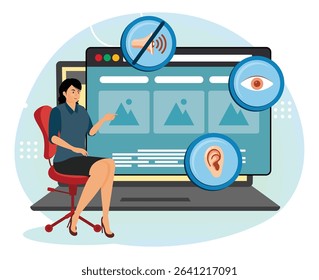  Web accessibility program. Web accessibility  representing vision, hearing, and sound features, alongside a seated woman explaining inclusive web design on a large screen.