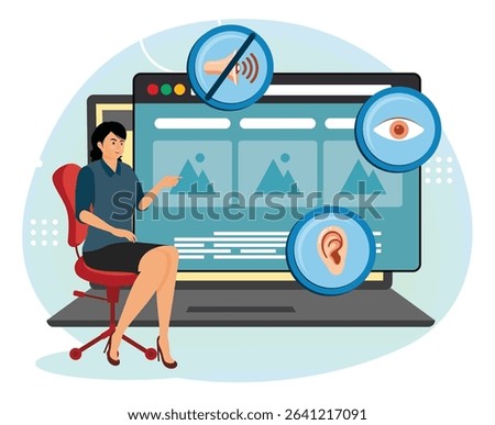  Web accessibility program. Web accessibility  representing vision, hearing, and sound features, alongside a seated woman explaining inclusive web design on a large screen.