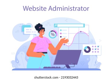 Administrador web. Gestión y desarrollo de sistemas de gestión de contenidos. Administrador trabajando con base de datos, sistemas de tecnología de la información. Ilustración vectorial plana