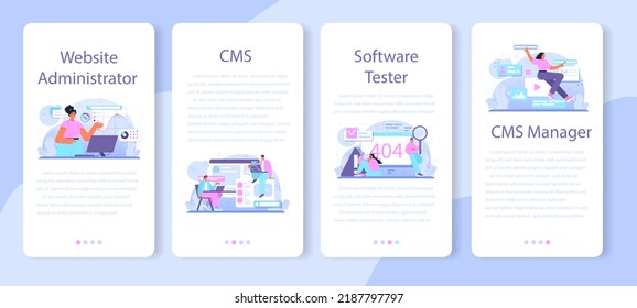 Web administrator mobile application banner set. Content management system management and development. Administrator working with data base, information technology systems. Flat vector illustration