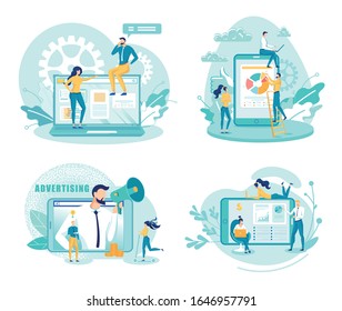 Web Ads Creation Flat Vector Illustrations Set. Internet Promotion, Creative Solution. Advert Strategy Formulation. Team Workflow, Social Campaign. Admans Cartoon Characters with Laptops