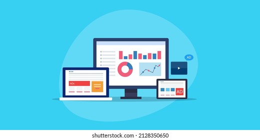 Web Advertising Analytics, Analytics Dashboard On Multiple Devices, Website Analytics App On Smartphone - Flat Design Vector Illlustration