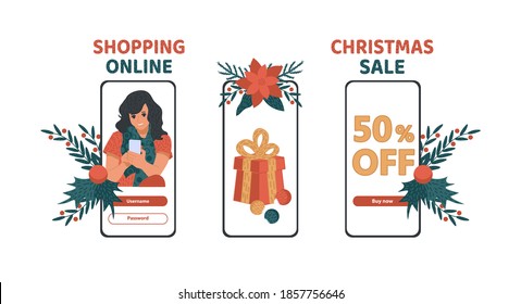 Web advertising layout with Christmas discounts. The girl makes purchases from a mobile phone. Online sale for the New Year. Cute winter vector illustration.
