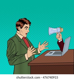 Web Advertising, Marketing and Spam - Hand with Megaphone Promoting Through Laptop on Business Man. Pop Art Vector illustration