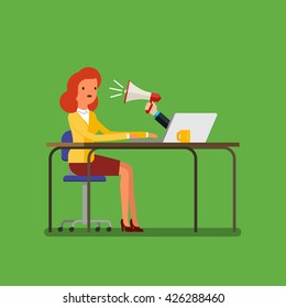 Web advertising and spam concept with cartoon businesswoman and megaphone. Flat design, vector illustration.