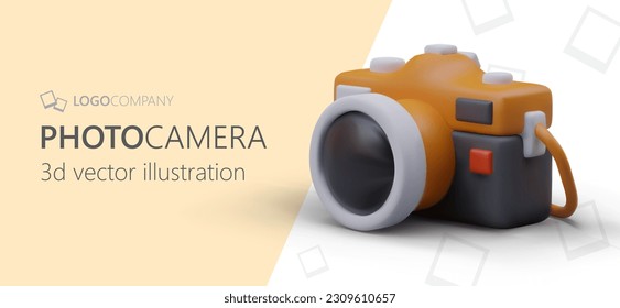 Web-Werbevorlage mit 3D-Kamera. Realistische Fotoausrüstung. Vermietung von Foto- und Videoausrüstung. Dienstleistungen von Fotografen. Horizontales Poster mit Illustration, Platz für Logo und Text