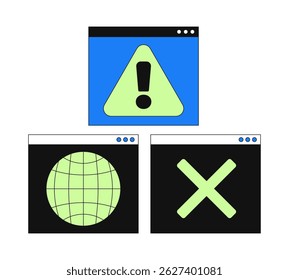 Web alert interface 2D cartoon objects set. Error message. Global network browser windows. Online warning popups isolated elements flat vector clip arts on white. Spot illustrations collection