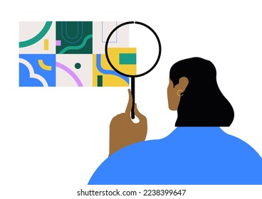 Web analysis and CEO concept. Person checking, analyzing with magnifying glass. Flat vector illustration isolated on white background