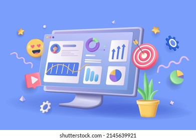 Web analysis concept 3D illustration. Icon composition with data graph and charts, target and other. Business analytics, marketing research and optimization. Vector illustration for modern web design