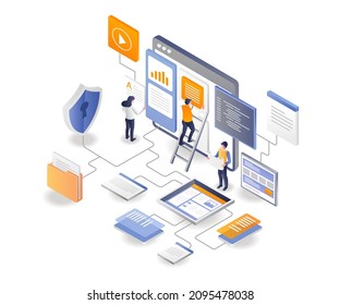 Web analysis and development team in isometric illustration
