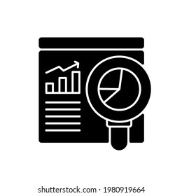 Icono de glifo negro analista web. Personas responsables del análisis de los costos de mantenimiento y desarrollo web del proyecto. Símbolo de silueta en el espacio blanco. Ilustración aislada del vector