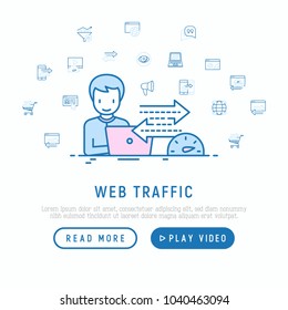 Web analyst monitors web traffic speed and sales growth concept with thin line icons. Modern vector illustration, web page template.