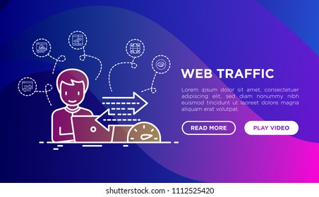 Web analyst monitors web traffic speed and sales growth concept with thin line icons. Modern vector illustration, web page template on gradient background.