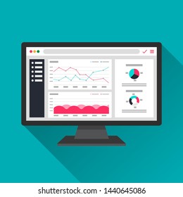 Web Analytic Information On Computer Screen Flat Icon. Trend Graphs Report Concept. Statistic Charts For Planning And Accounting, Analysis, Audit, Management, Marketing, Research Vector Illustration.