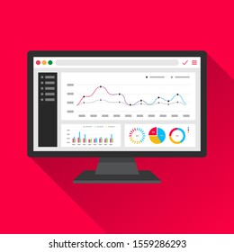 Web analytic information on Computer screen flat icon. trend graphs report concept. statistic charts for planning and accounting, analysis, audit, management, marketing, research vector illustration.