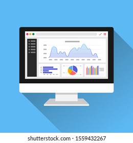 Web analytic information on Computer screen flat icon. trend graphs report concept. statistic charts for planning and accounting, analysis, audit, management, marketing, research vector illustration.