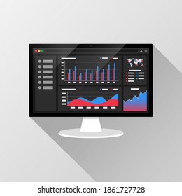 Web analytic information on Computer screen flat icon. trend graphs report concept. statistic charts for planning and accounting, analysis, audit, management, marketing, research vector illustration.