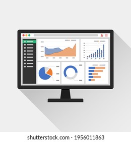 Web analytic information on Computer screen icon. trend graphs report concept. statistic charts for planning and accounting, analysis, audit, management, marketing, research vector illustration.