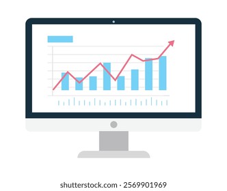 Web analytic information on Computer screen flat icon. trend graphs report concept. statistic charts for planning and accounting, analysis, audit.