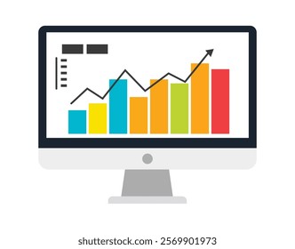 Web analytic information on Computer screen flat icon. trend graphs report concept. statistic charts for planning and accounting, analysis, audit.
