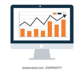 Web analytic information on Computer screen flat icon. trend graphs report concept. statistic charts for planning and accounting, analysis, audit.