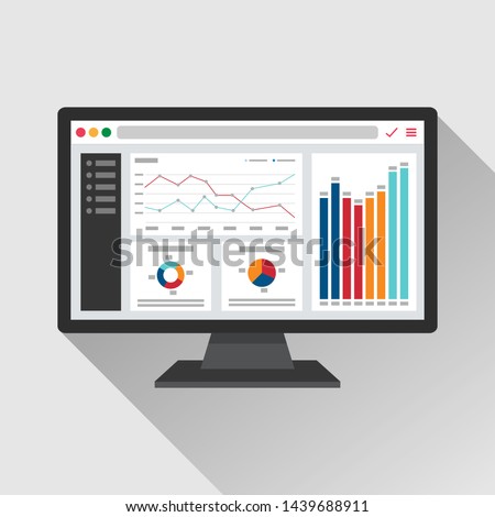 Web analytic information on Computer screen flat icon. trend graphs report concept. statistic charts for planning and accounting, analysis, audit, management, marketing, research vector illustration.