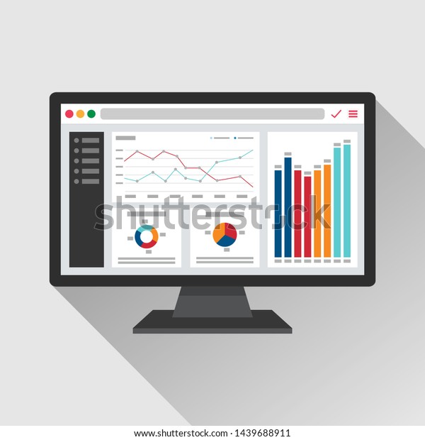 Web analytic information on Computer screen\
flat icon. trend graphs report concept. statistic charts for\
planning and accounting, analysis, audit, management, marketing,\
research vector\
illustration.
