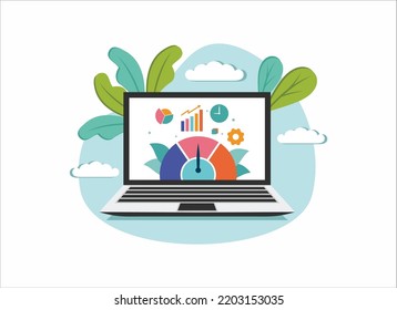 Información analítica web sobre el icono plano de pantalla de portátil. concepto de informe de gráficos de tendencias. gráficos estadísticos para planificación y contabilidad, análisis, auditoría, gestión, comercialización, investigación de ilustraciones vectoriales.