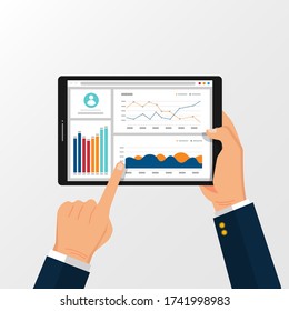 Web analytic information on Tablet screen held by hand. trend graphs report concept. statistic charts for planning and accounting, analysis, audit, management, marketing, research vector illustration.